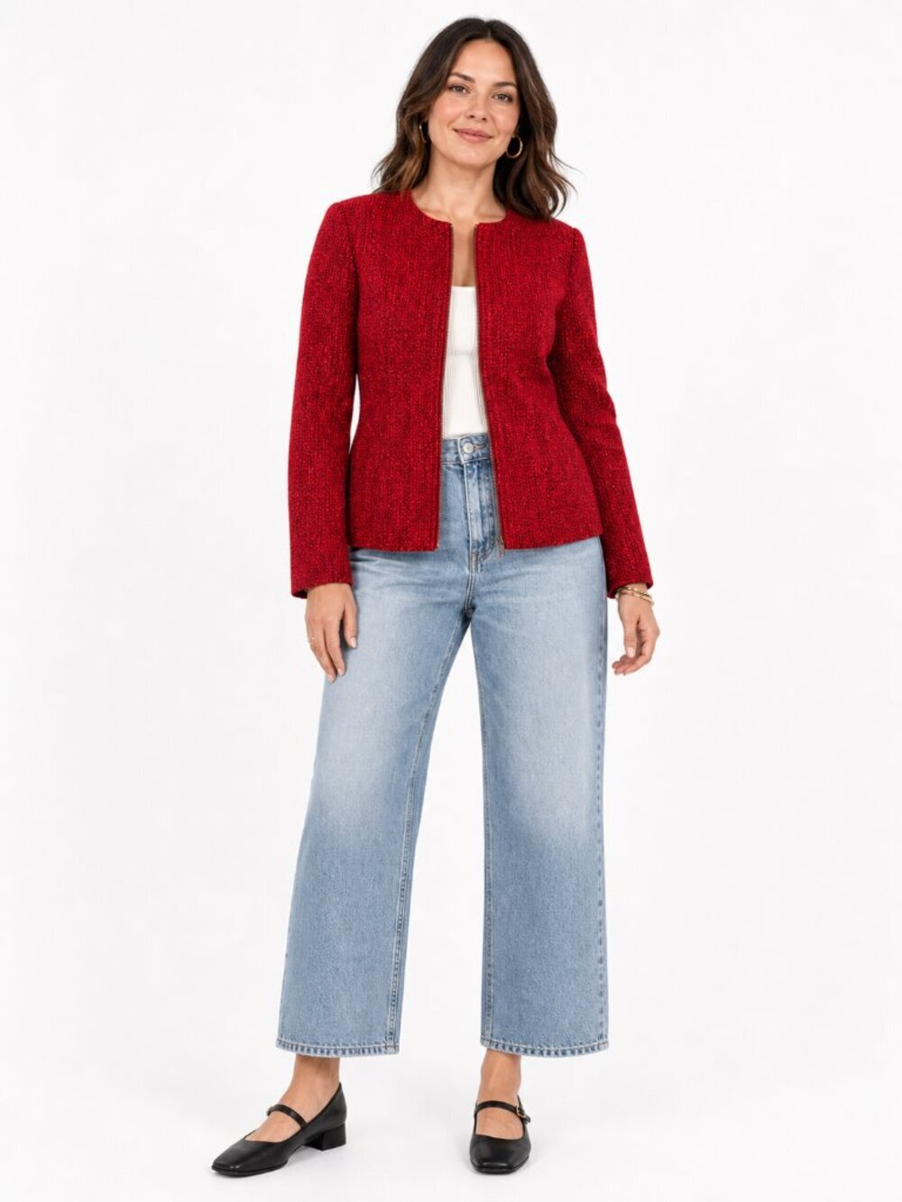 Coldwater Creek Red Textured Zip Front Blazer Jacket Size 12 Lined